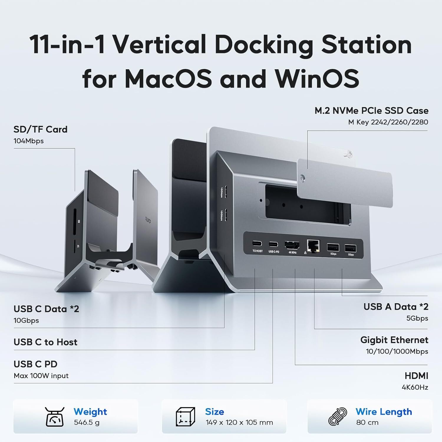 Vertical MacBook Docking Station, Docking Station for Mac Mini with M.2 NVMe