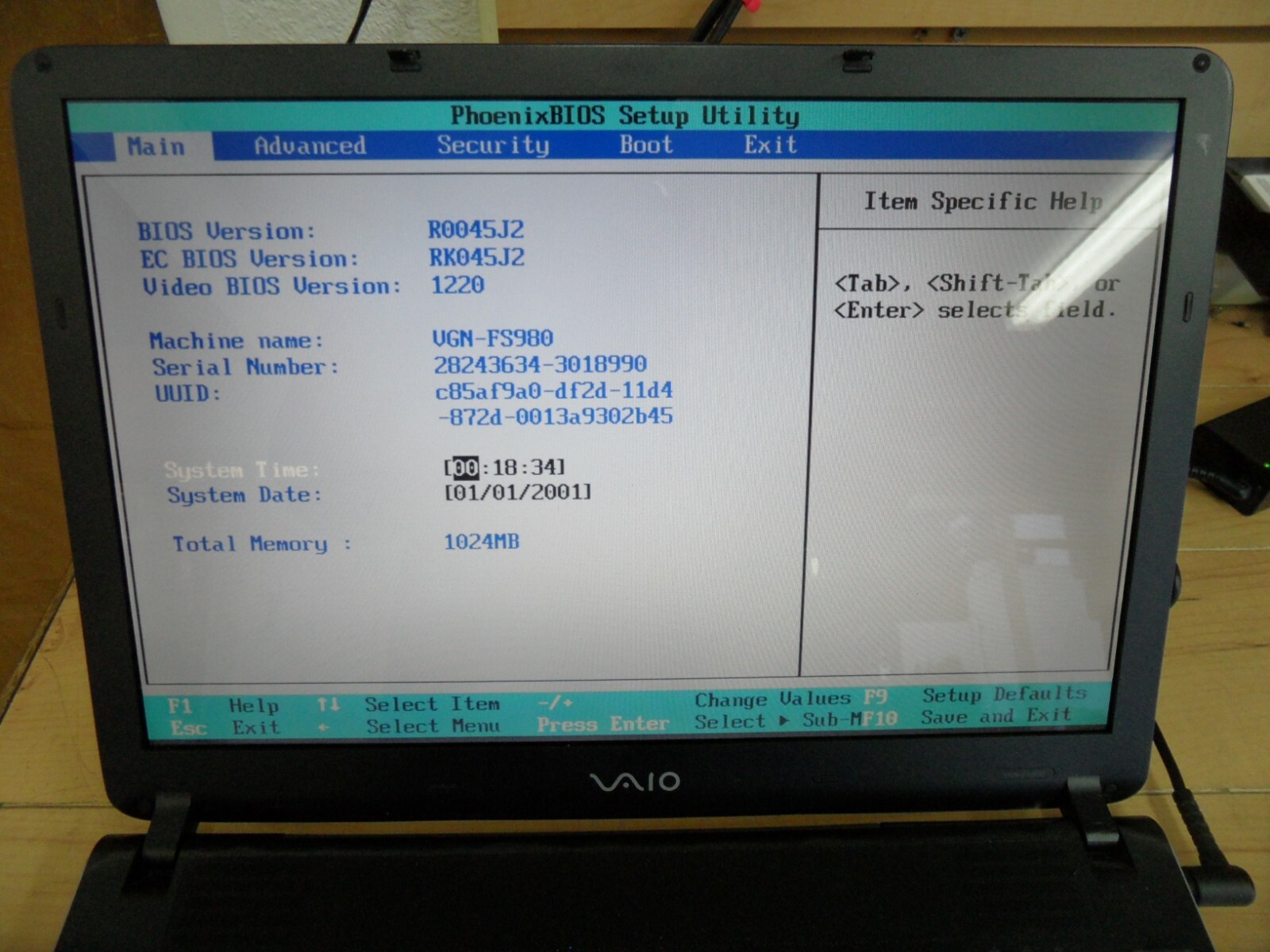 Sony Vaio VGN-FS980 / Intel Centrino / Parts Laptop / Posted Bios, No Hard Drive