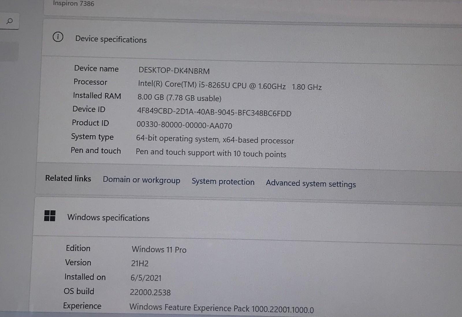 DELL INSPIRON 7386 i5-8265U@1.6GHz 8GB RAM 128GB M.2 SSD W11P TOUCH *READ