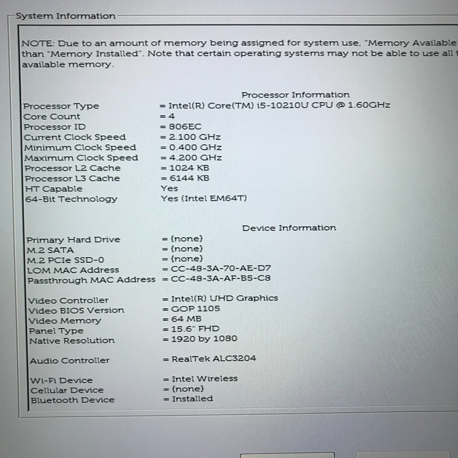 Dell Latitude 5510 15.6″ Laptop Core i5-10210U 16GB RAM No SSD (Boots to BIOS)
