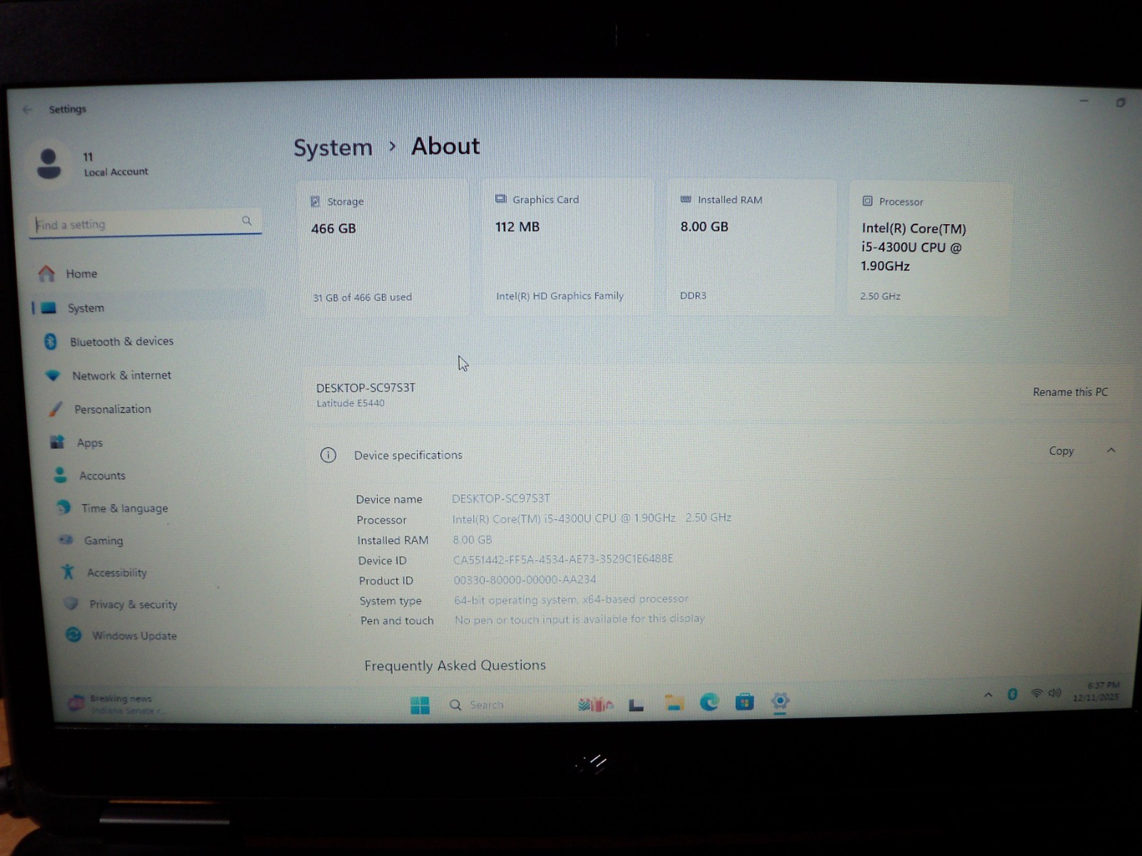Dell Latitude E5440 Intel i5 Windows Pro 11 8GB RAM 500GB HDD No Battery No AC