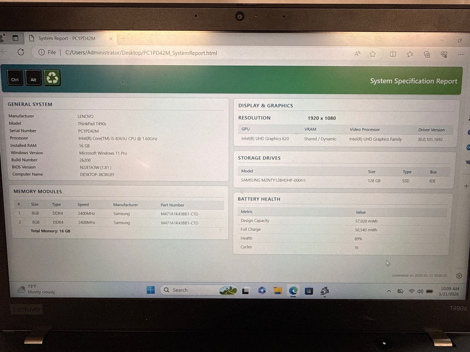 Lenovo ThinkPad T490s Intel Core i5-8365U 16 GB 128GB SSD 14″