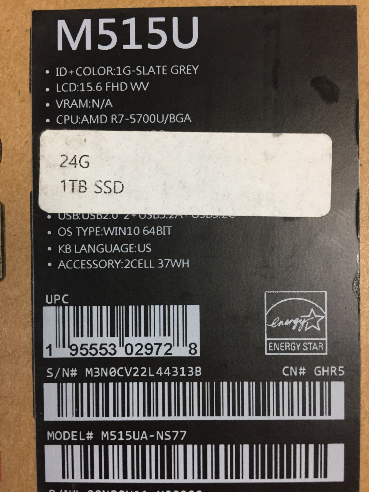 ASUS M515UA-NS77 15.6″ FHD LAPTOP/AMD R7-5700U 1.80GHz/24GB/1TB PCIE SSD/Win10 H