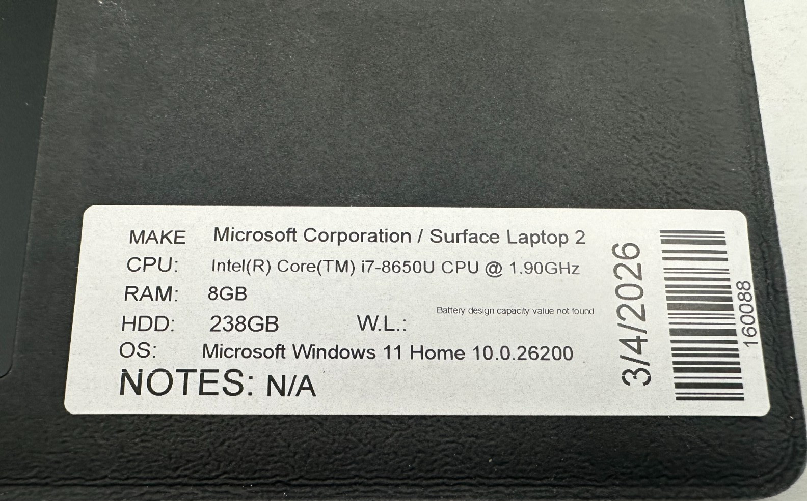 MICROSOFT SURFACE 2 LAPTOP i7-8650u @ 1.90 GHZ 8GB RAM 238GB SSD (lp684)