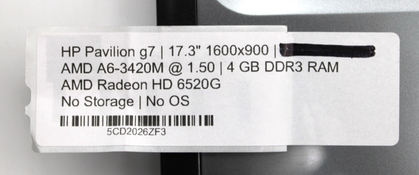 HP Pavilion G7 AMD A6-3420M@1.50GHz 4GB DDR3 NO STORAGE OR OS *USED/TESTED*