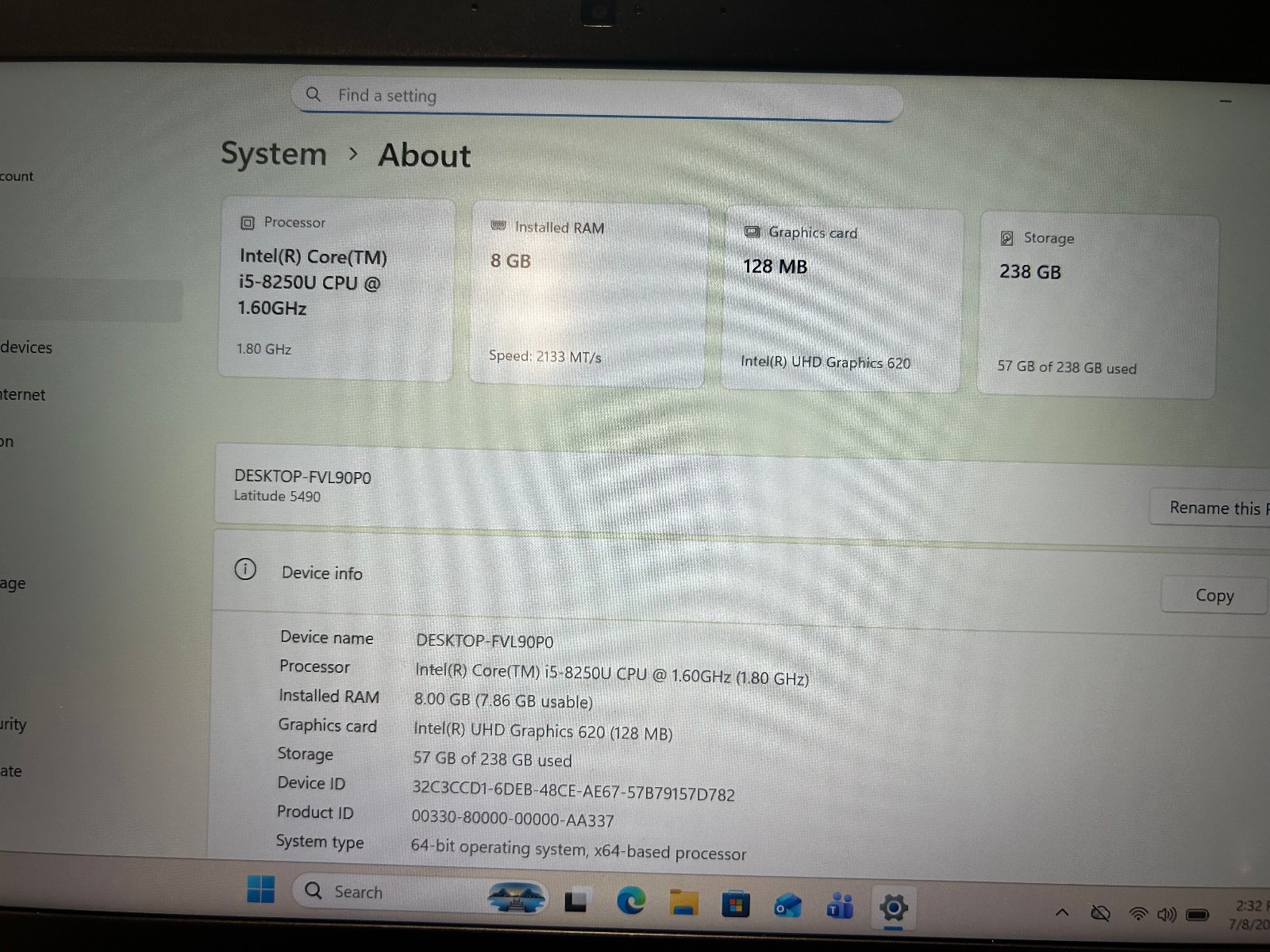 Dell Latitude 5490 i5-8250U 256GB SSD 8GB Win 11 Pro Office 2021 14″ Laptop