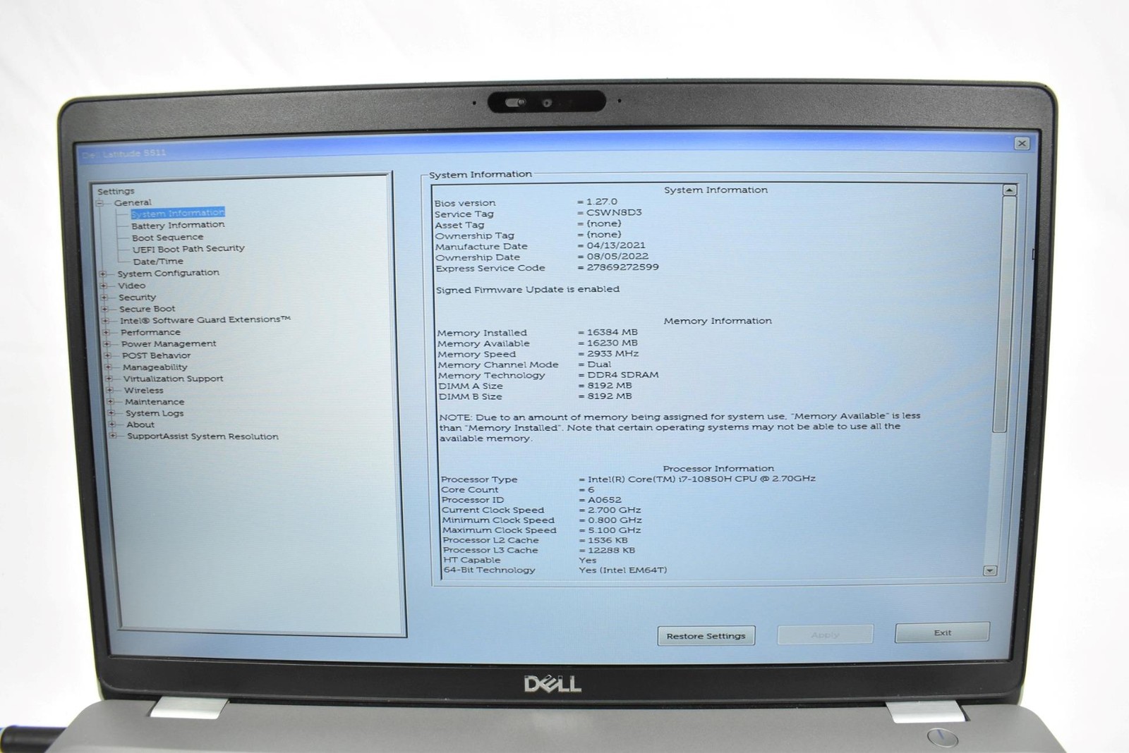 Dell Latitude 5511 Laptop i7-10850H 2.7GHz 16GB 256GB HD No OS 15.6″ *See Issues