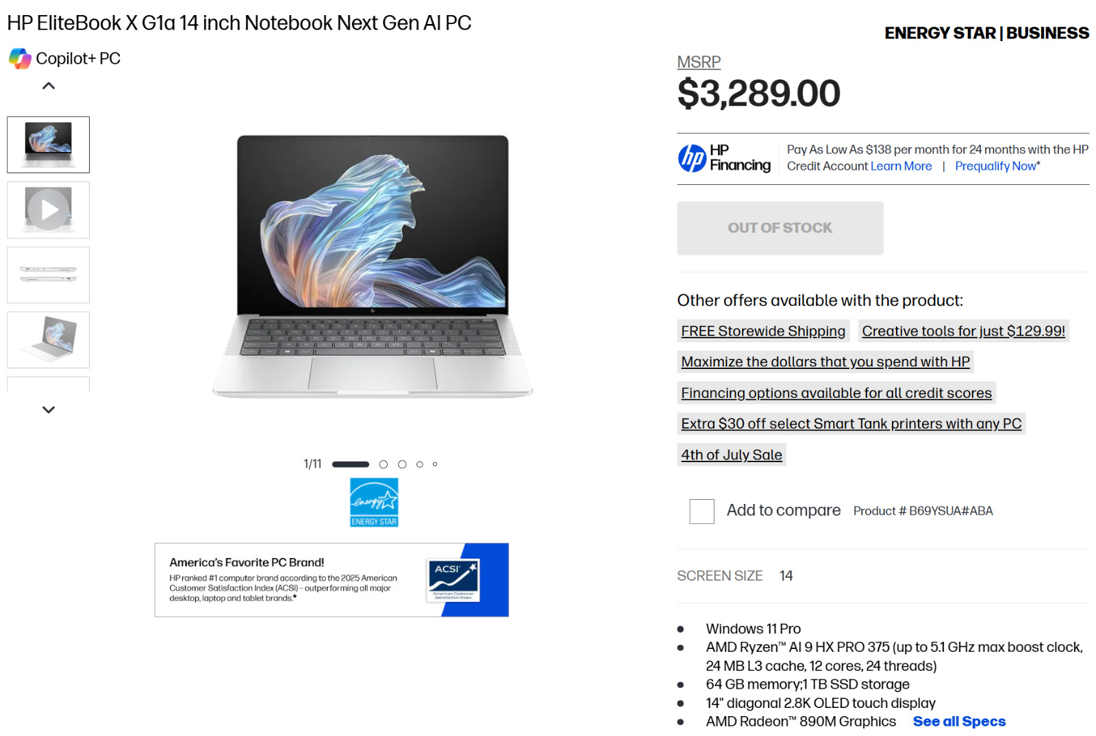 HP EliteBook X G1a 14″ OLED AMD Ryzen AI9 HXPro 375 64GB 1TB Win11 Pro 890M