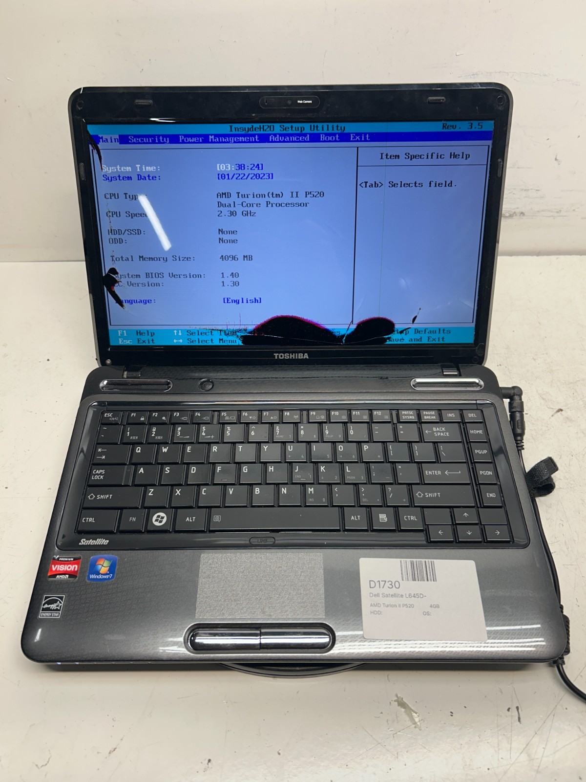 Toshiba Satellite L645D-S4030 AMD Turion II P520 2.30GHz 4GB NO HDD