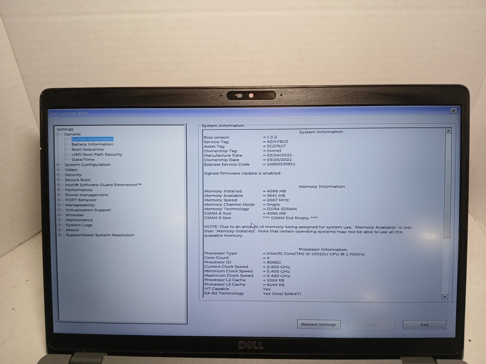 Dell Latitude 5510 15.6″ Laptop i5-10310U 4GB No SSD/OS/BATTERY! #97