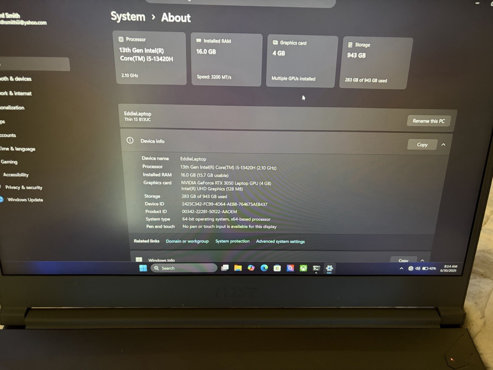 msi gaming laptop thin 15 B13UC