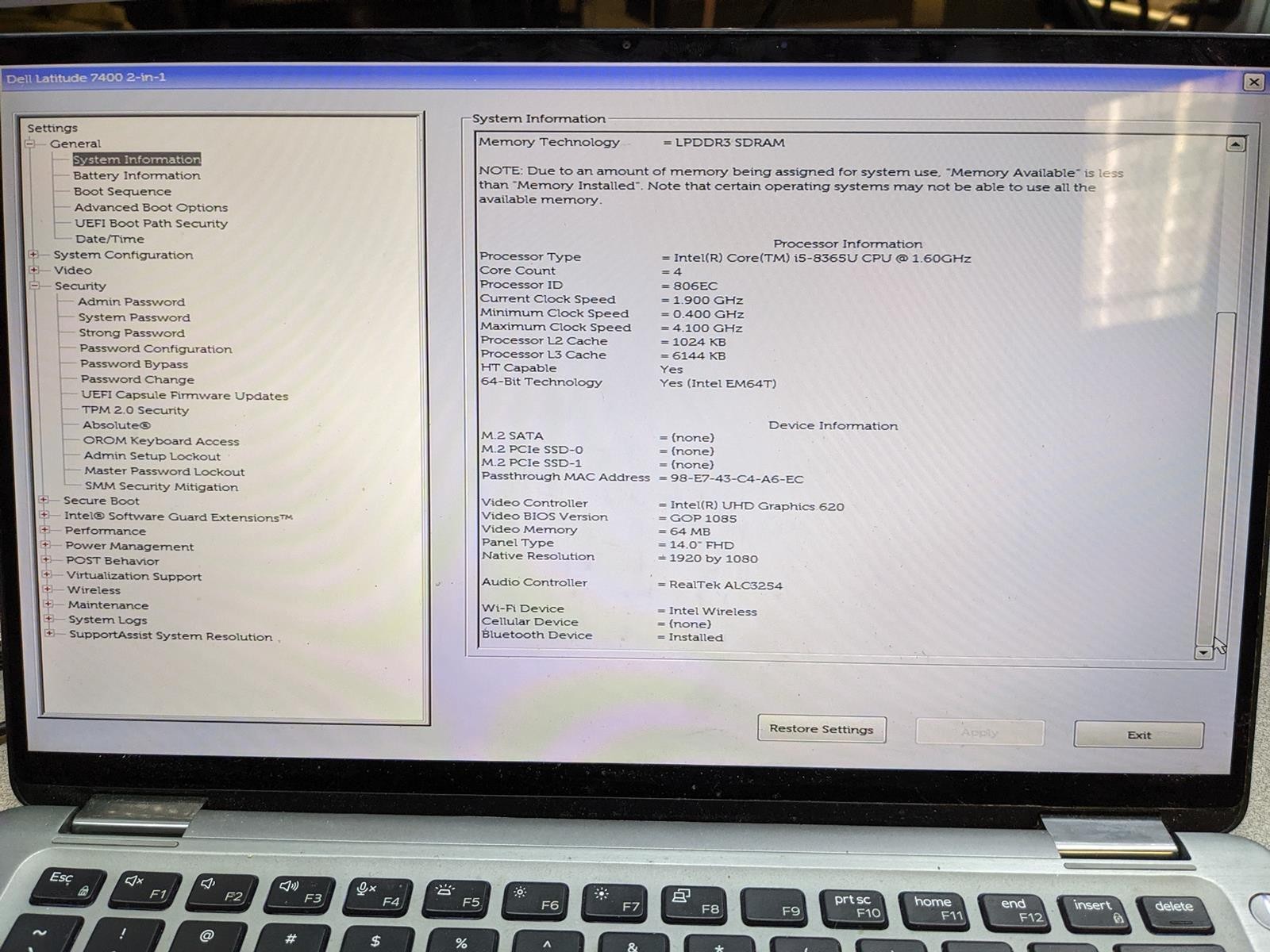DELL LATITUDE 7400 2-IN-1 i5-8365U @ 1.6GHz, 16GB RAM, NO HDD/OS