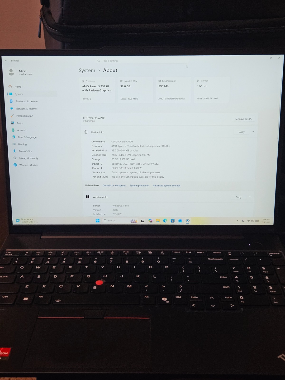 Lenovo ThinkPad E16 Gen 2 16.0″ AMD Ryzen 5 7537U 32GB RAM 1TB NVMe W11P