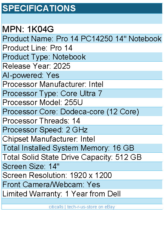 Dell 1K04G Pro 14 PC14250 14″ Notebook – Full HD Plus – 60 Hz