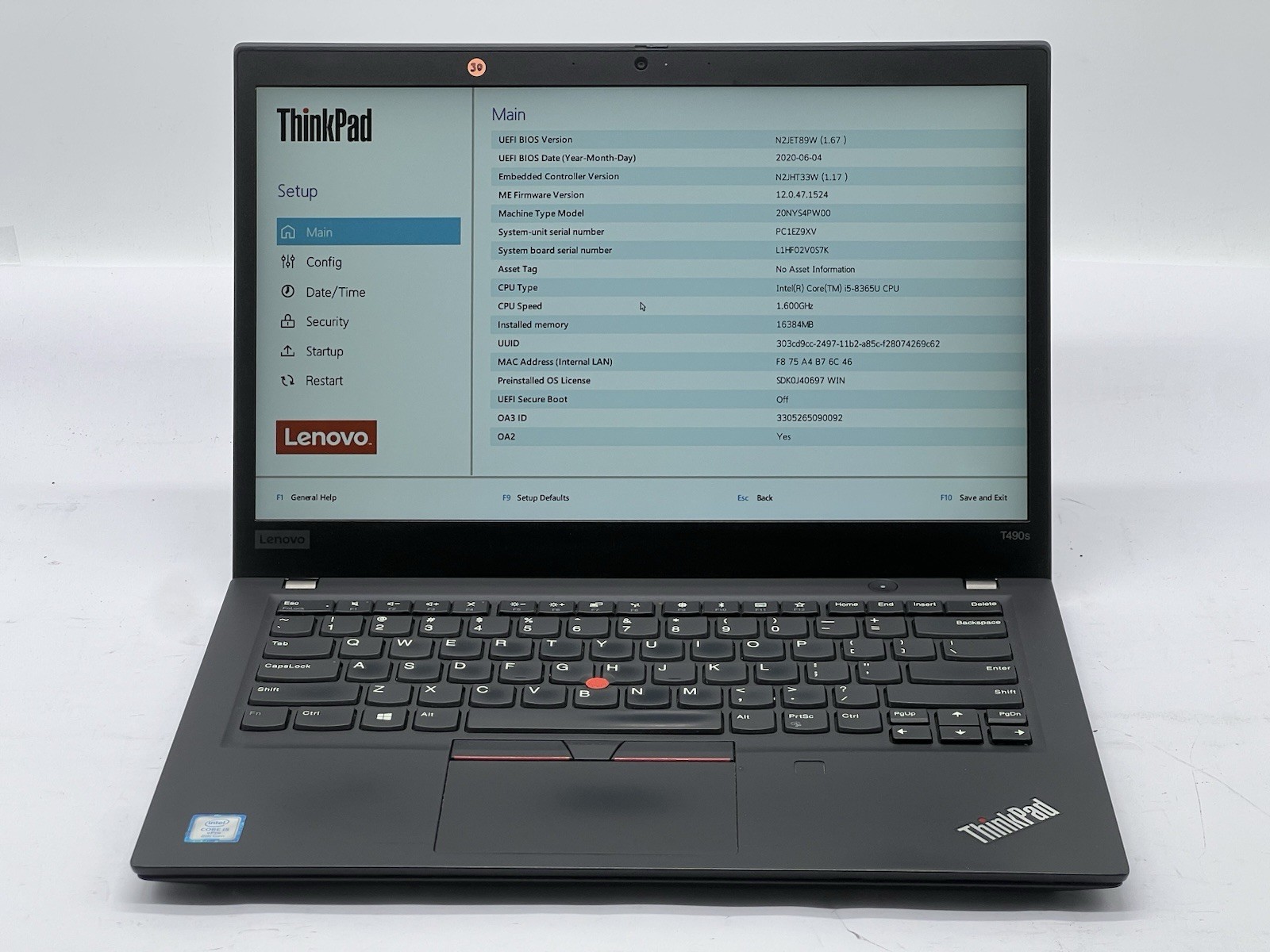 Lenovo ThinkPad T490s, i5-8365U CPU @ 1.60GHz, 16GB RAM-No HDD/OS/Charger