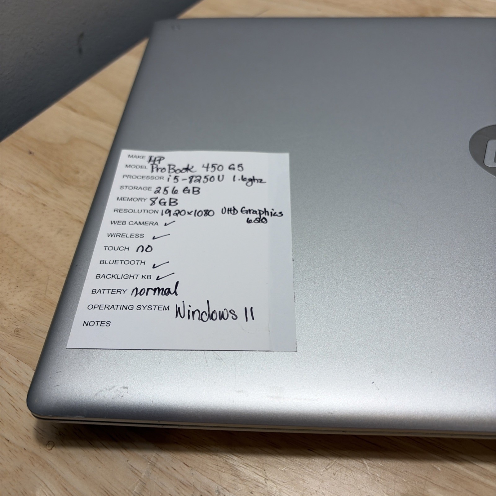 HP ProBook 450 G5 15″ CORE i5-8250U 1.6GHZ , 8GB, 256GB WCAM WIFI WIN11 CORD