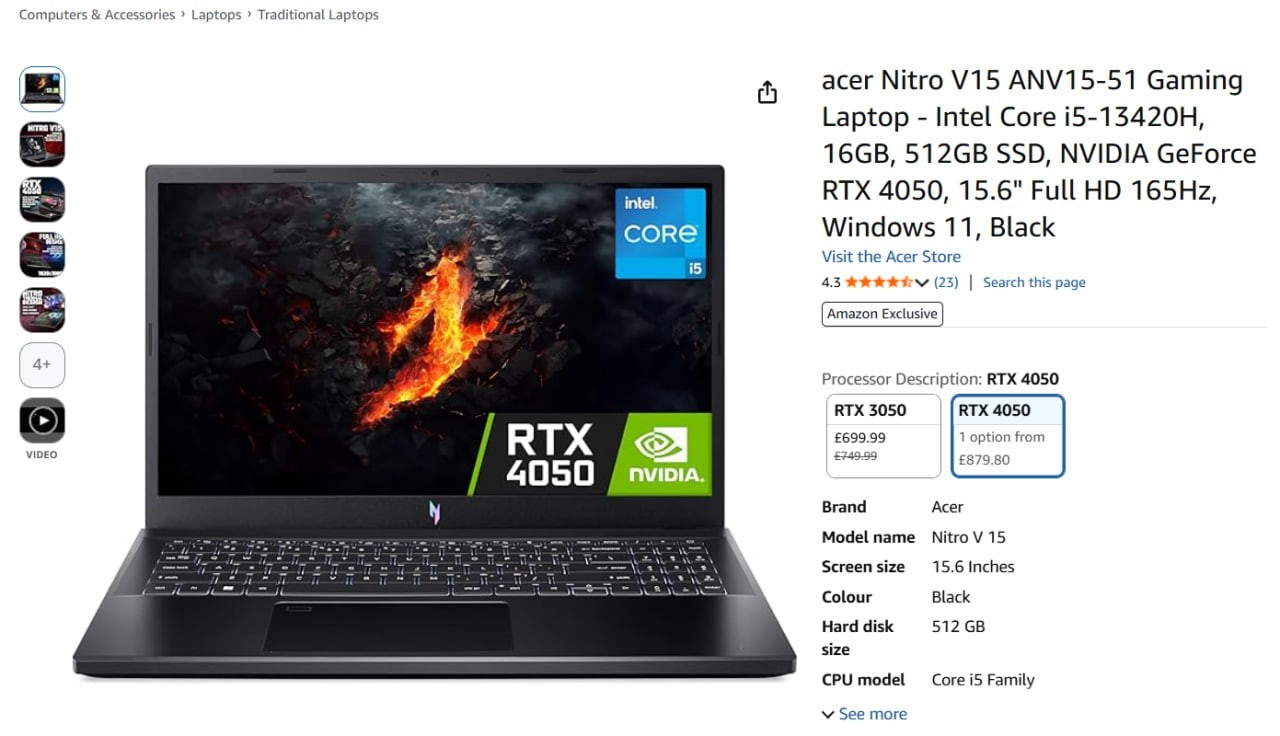 Acer Nitro V15 ANV15-51 RTX 4050 Gaming Laptop | i5-13420H | 16GB RAM | 512GB SS