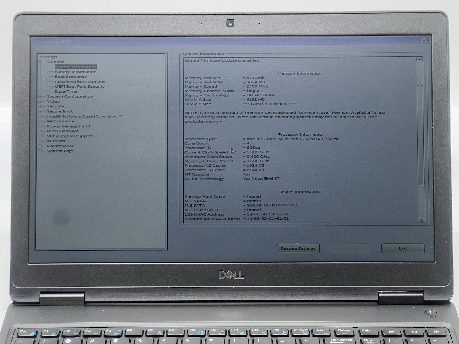 Dell Latitude 5590, i5-8350U CPU, @ 1.70GHz, 8GB RAM, 256GB SSD-No OS/Charger