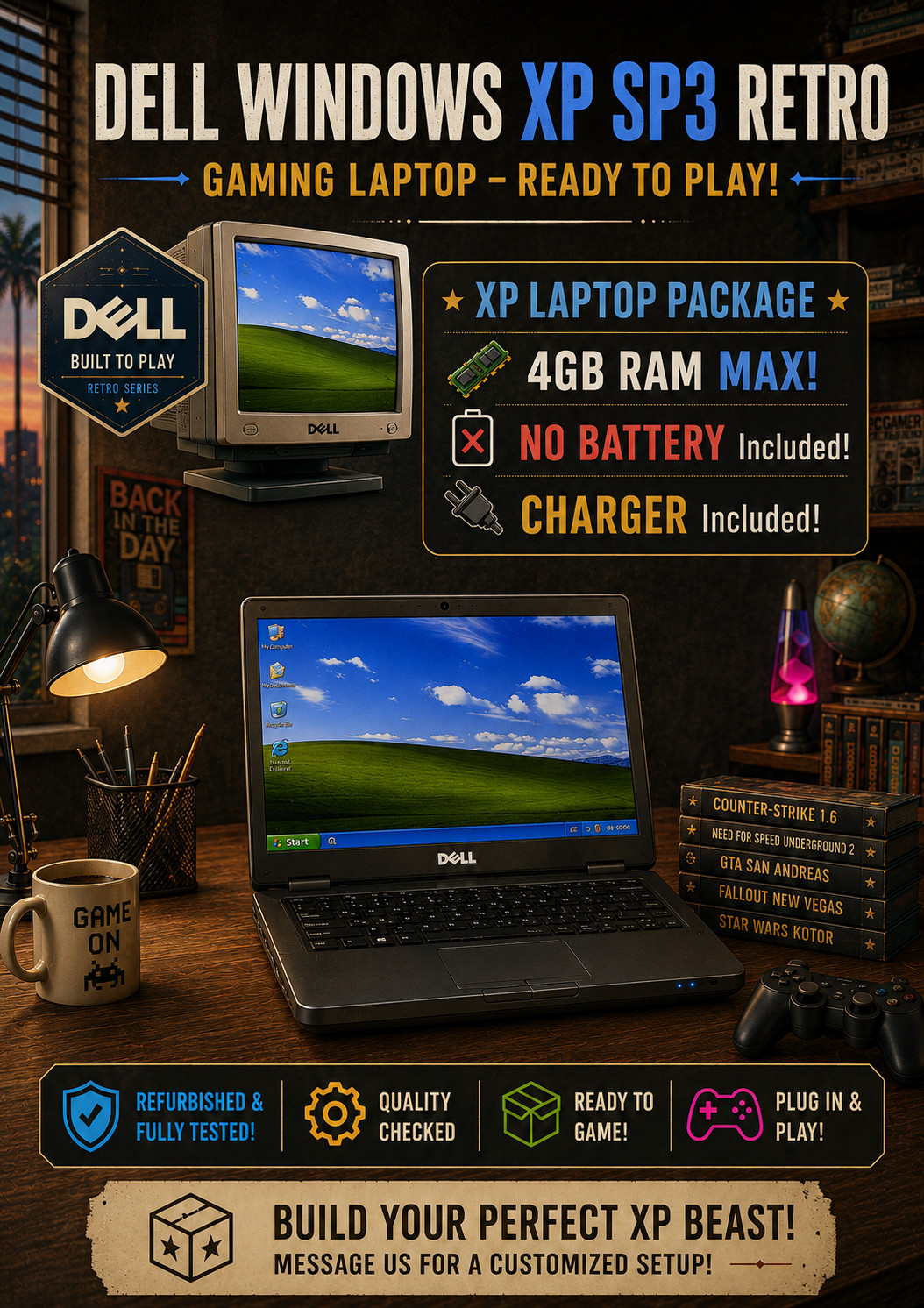 Dell Windows XP Retro Laptop – Custom Legacy PC Gaming Build | No Battery |