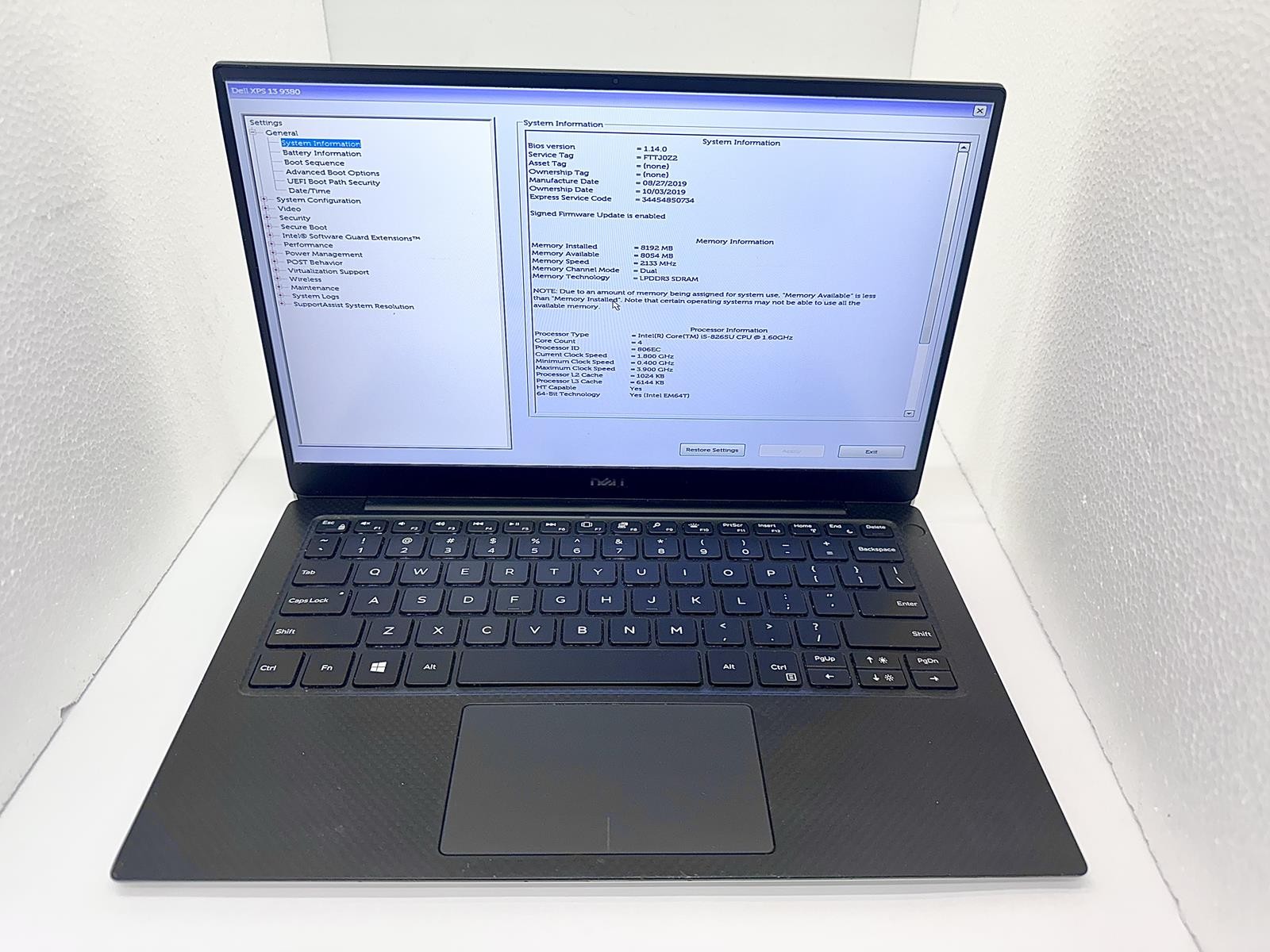 Dell XPS 13 9380, Intel Core i5-8265U CPU @ 1.60GHz, 8GB RAM, 256GB NVMe