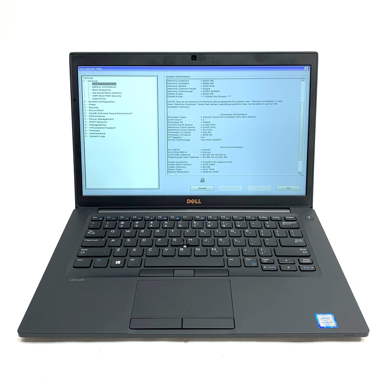 Dell Latitude 7480 14″ FHD Intel Core i5-6300U 2.40GHz 8GB No SSD, BIOs Locked
