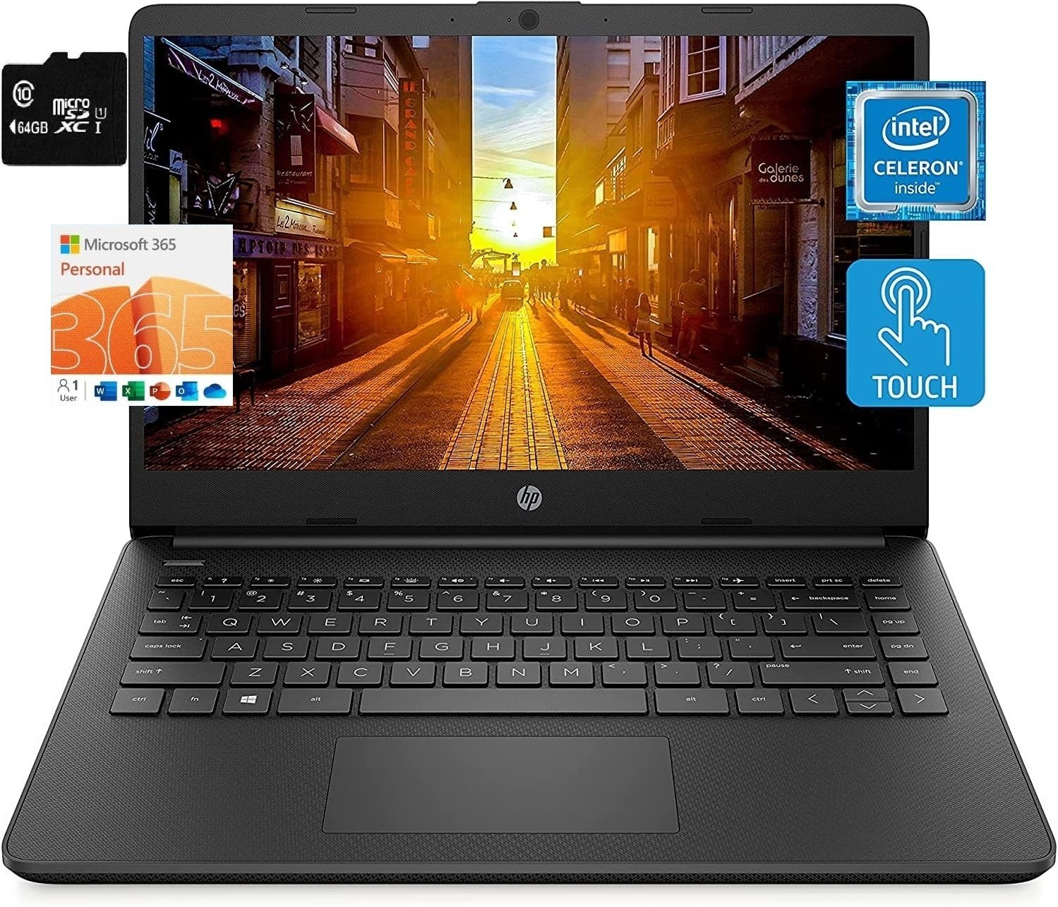 HP 14” Touch Laptop, Intel 4-Core CPU, 16GB RAM, 128GB (64+64), Win11, MS 365