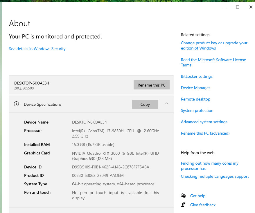 LENOVO THINKPAD P73 Core i7-9850H 2.60GHz 16GB 512GB 17.3″ RTX 3000 Win 10 Pro