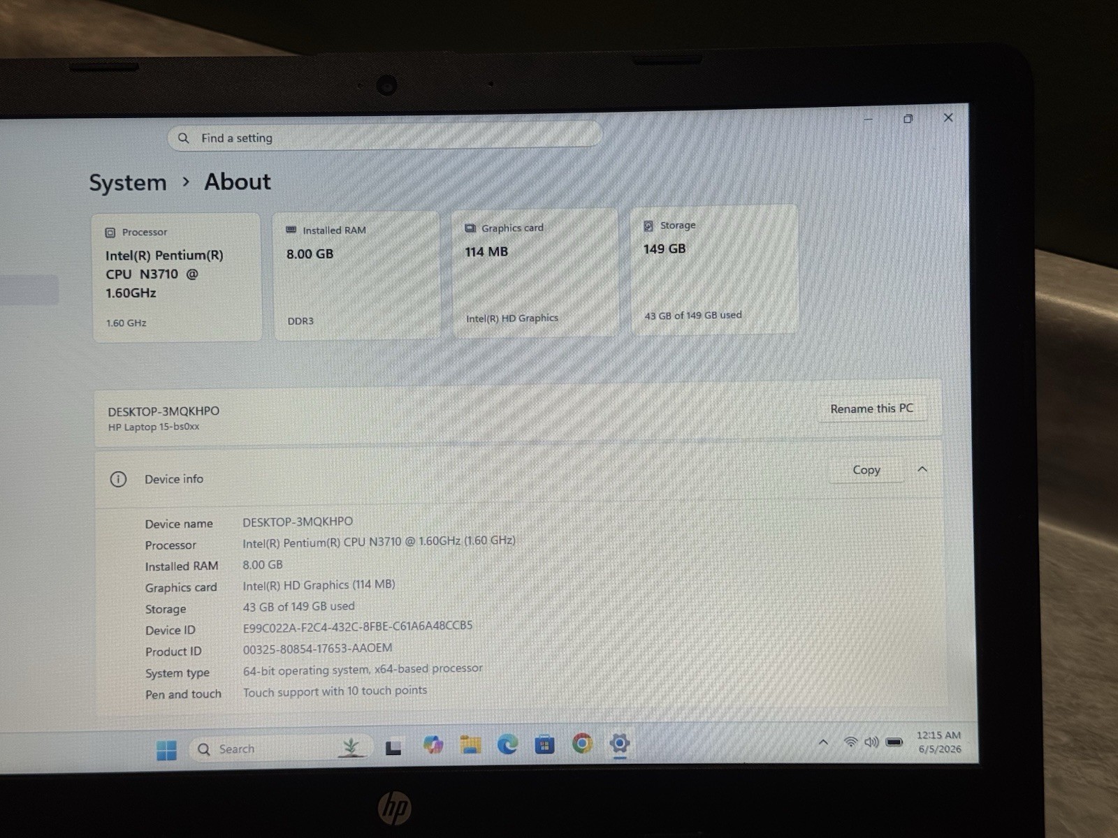 HP 15-BS020WM Laptop Intel Pentium 1.6GHz 8gb RAM 160gb SSD Windows 11