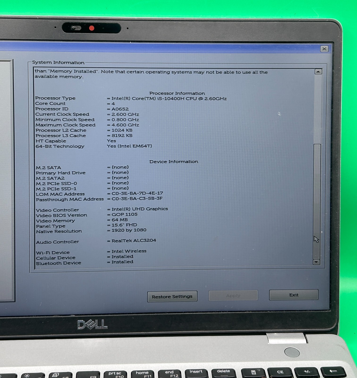 Dell Precision 3551 15.6″ i5-10400H 2.60GHz 8GB RAM No SSD No OS Tested