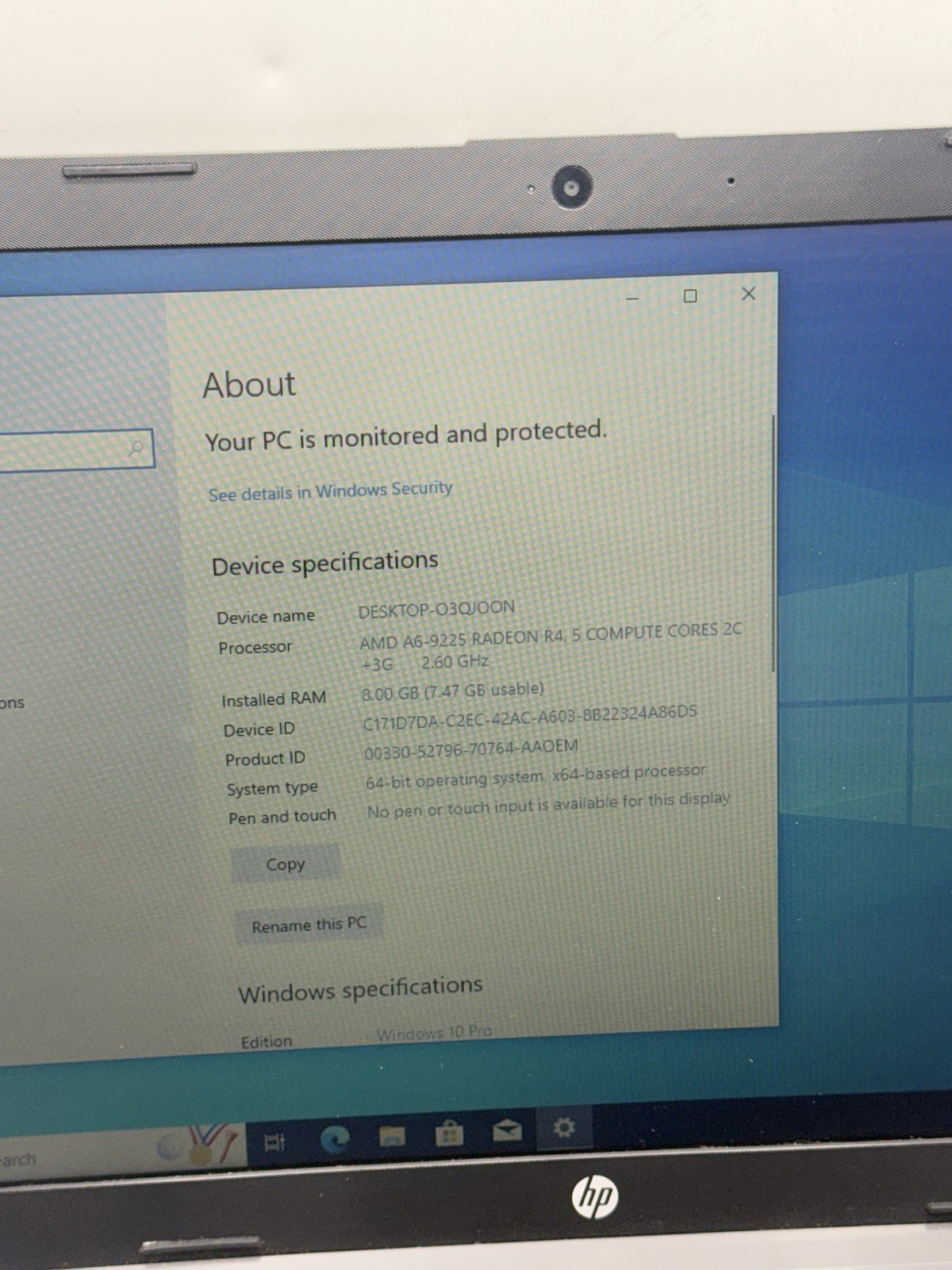 HP 255 G7 15.6” Laptop AMD A6-9225 8GB RAM 256GB SSD Win10P