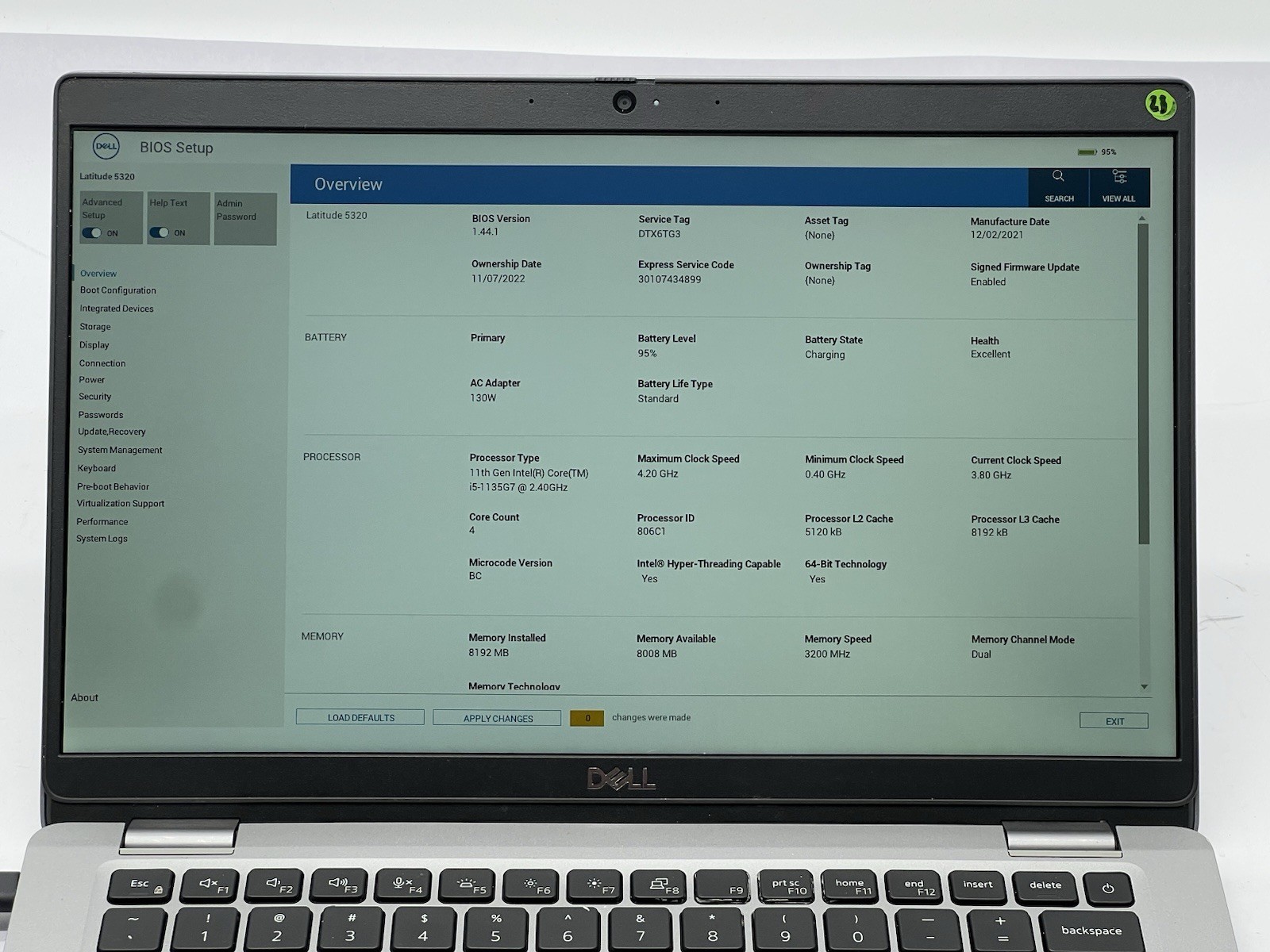 Dell Latitude 5320, Core i5-1135G7, @ 2.40GHz, 8GB RAM, 256GB NVMe-No OS/Adapter