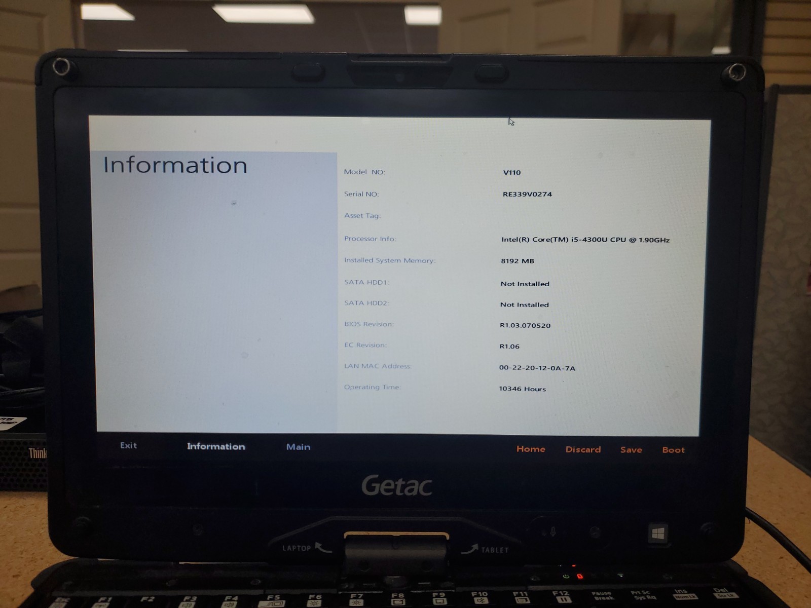 GETAC V110 Laptop Tablet Touch Screen i5-4300U 1.90GHz 8gB No HDD 10346hrs