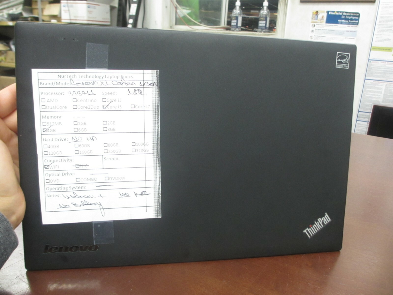 Lenovo ThinkPad X1 Carbon 1thGen i5-3337U 1.8GHz 4GB NO HDD,OS,AC,BATT. Laptop