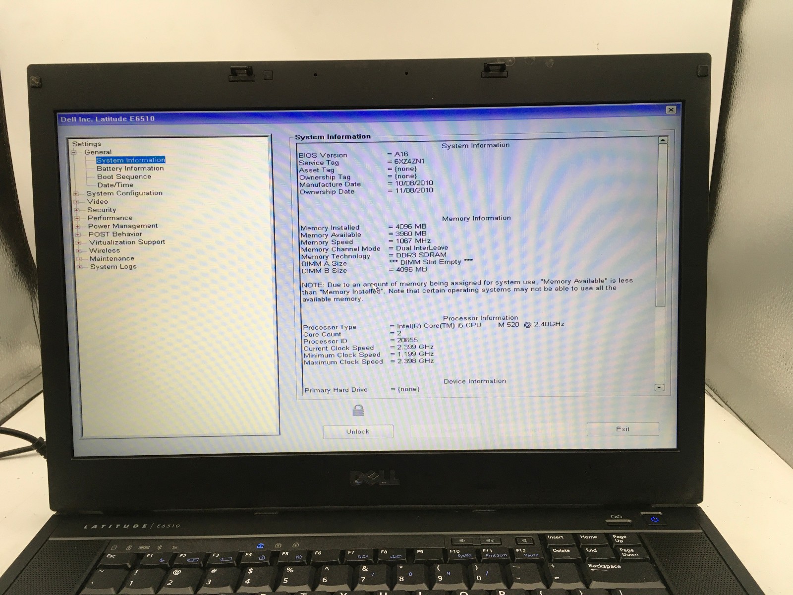 DELL LATITUDE E6510 – BOOTS TO BIOS/LOCKED – INTEL I5 M520 – NO RAM – READ – BB!