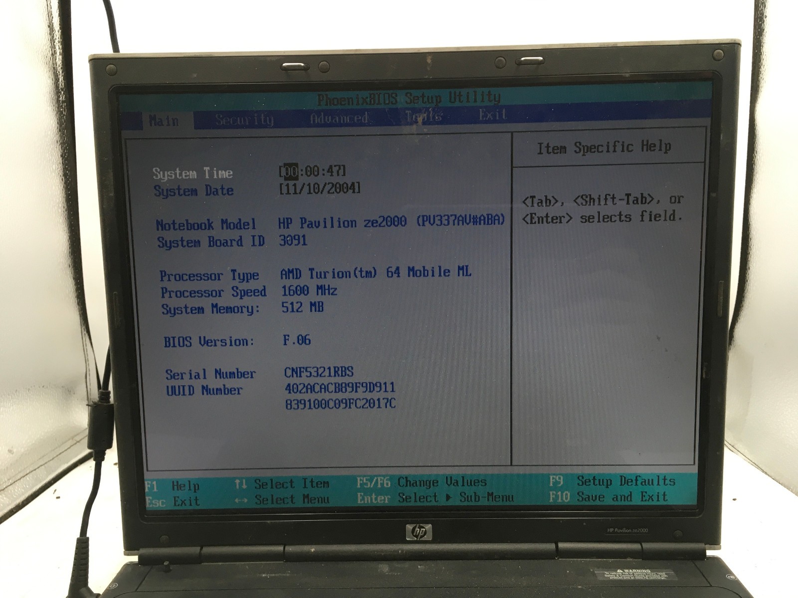 HP PAVILION ZE2000 – BOOTS TO BIOS – AMD TURION 64 – 512MB RAM – READ DESC – BB
