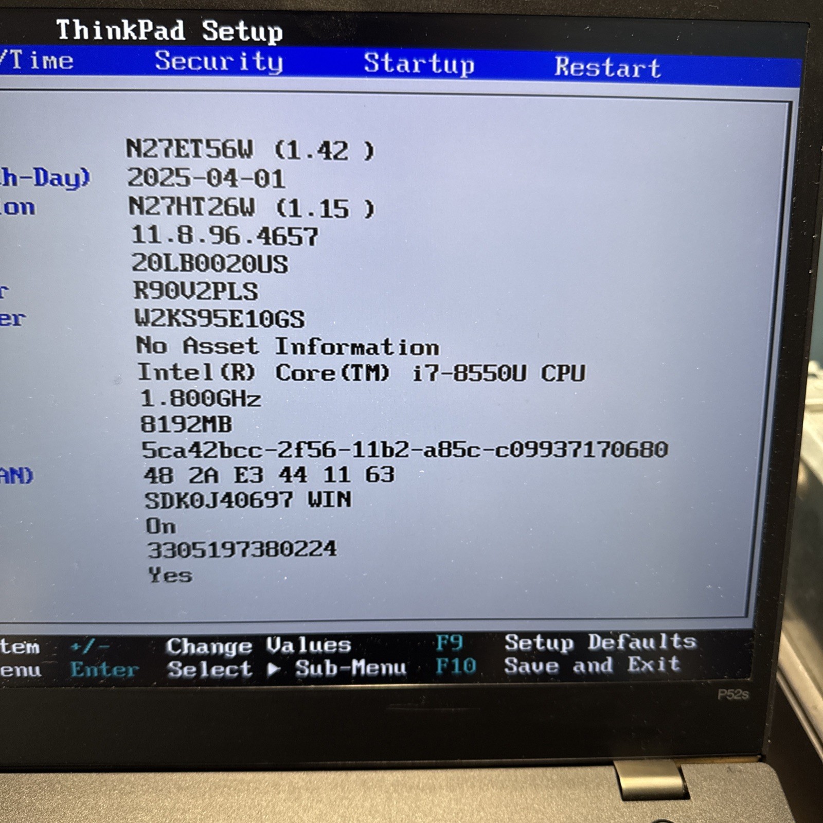 Lenovo ThinkPad P52s i7-8550U 1.80GHz 8GB DDR4 NO SSD NO OS *UNKNOWN GPU* Laptop