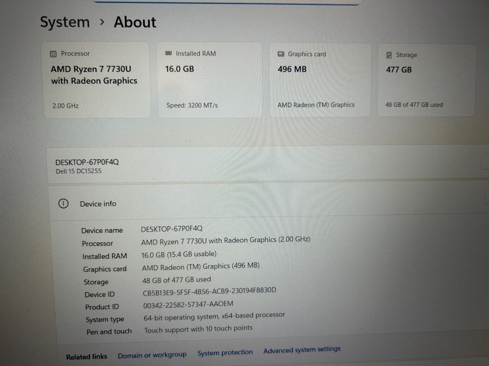 DELL 15 DC15255 G8MK9, AMD Ryzen 7 7730U, 2.00 GHz, 16 GB RAM, 512 GB NVMe