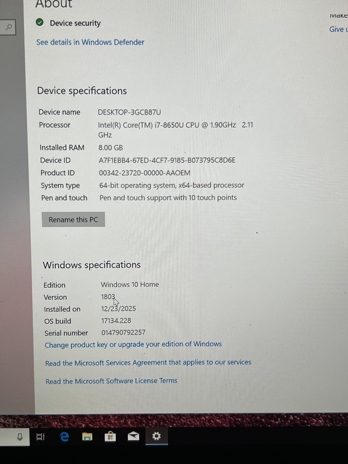Microsoft Surface Laptop 2 Black 13.5” i7-8650U 2.11GHz 8GB 256GB SSD Model 1769