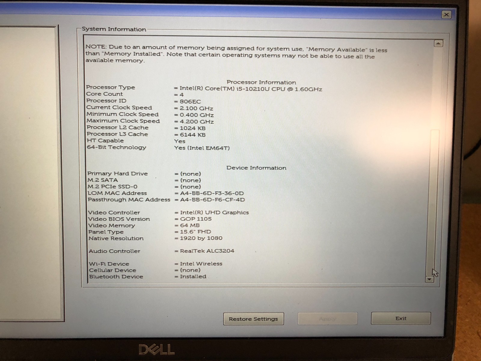Dell Latitude 5510 sku 6782 15.6″ i5-10210U 8GB RAM Win11 NO SSD or A/C Tested!