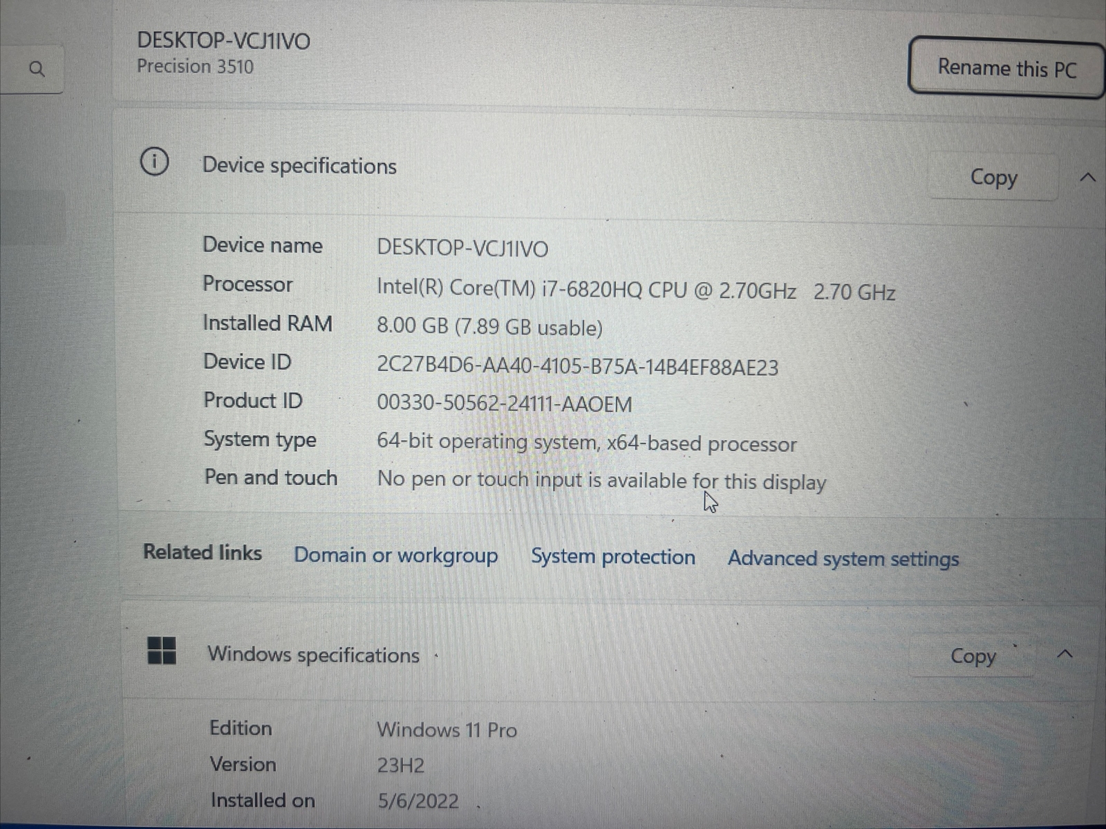 Dell Precision 3510 Laptop i7-6820HQ @ 2.7GHz 8GB RAM 256GB SSD Cam 15.6″