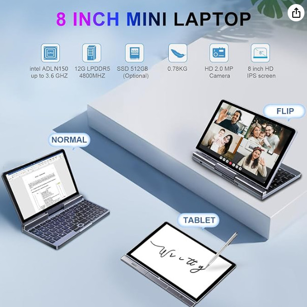 KOOFORWAY 8 Inch 2-in-1 Mini Laptop,HD Rotatable BP8(12GB+512GB), Silver