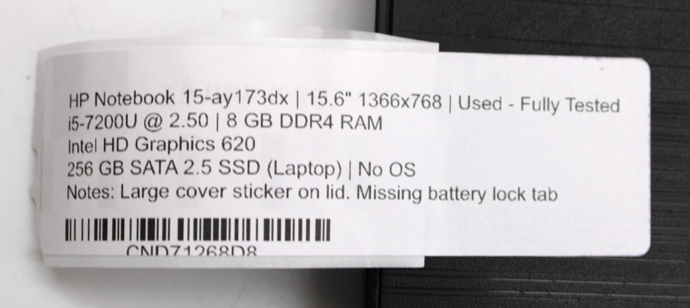 HP Notebook 15-ay173dx i5-7200U@2.5GHz-8GB DDR4-256GB SATA NO OS *USED/TESTED*