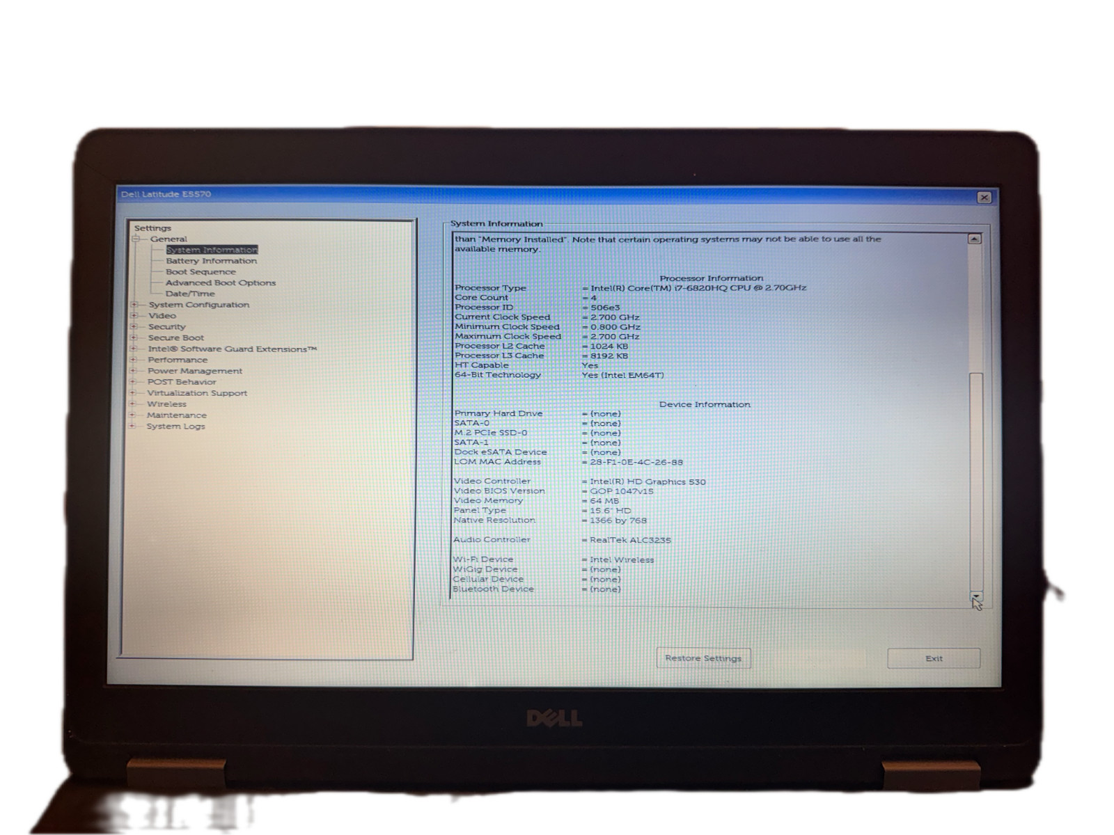 Dell Latitude E5570 i7 6th Gen 16GB RAM No Hard Drive