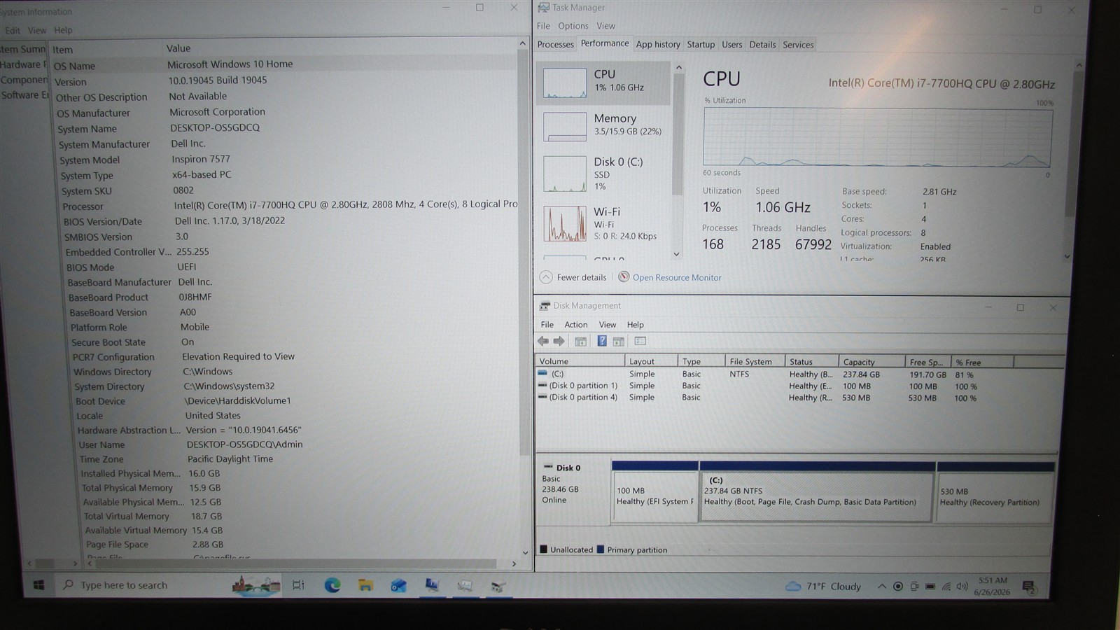 Dell Inspiron 7577 i7-7700HQ 2.8GHz 16GB RAM 256GB m.2 15.6″ Win10 Home COSM DMG