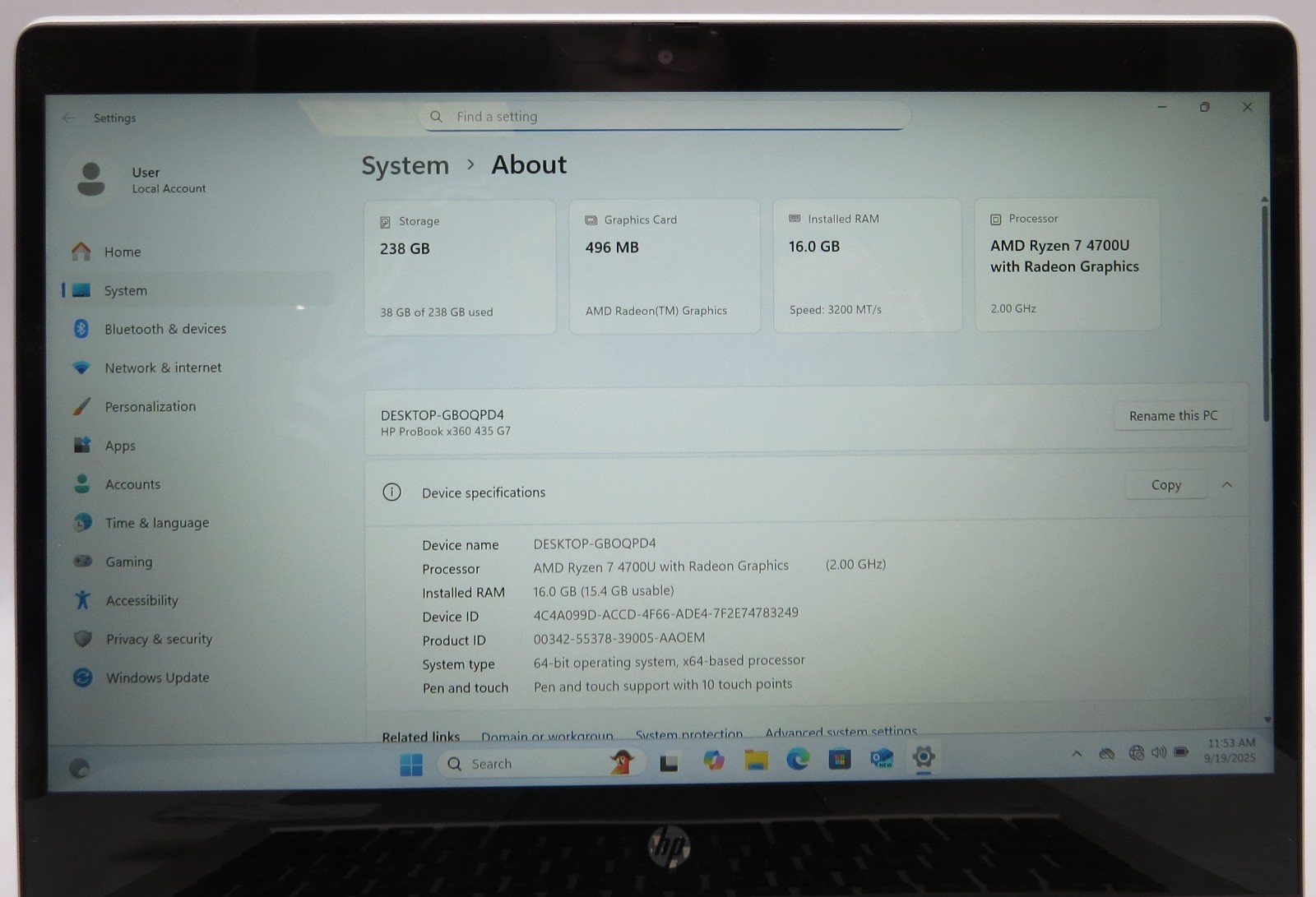 HP ProBook x360 435 G7 | Ryzen 7-4700U | 16GB RAM | 256GB SSD | WIN 11 PRO