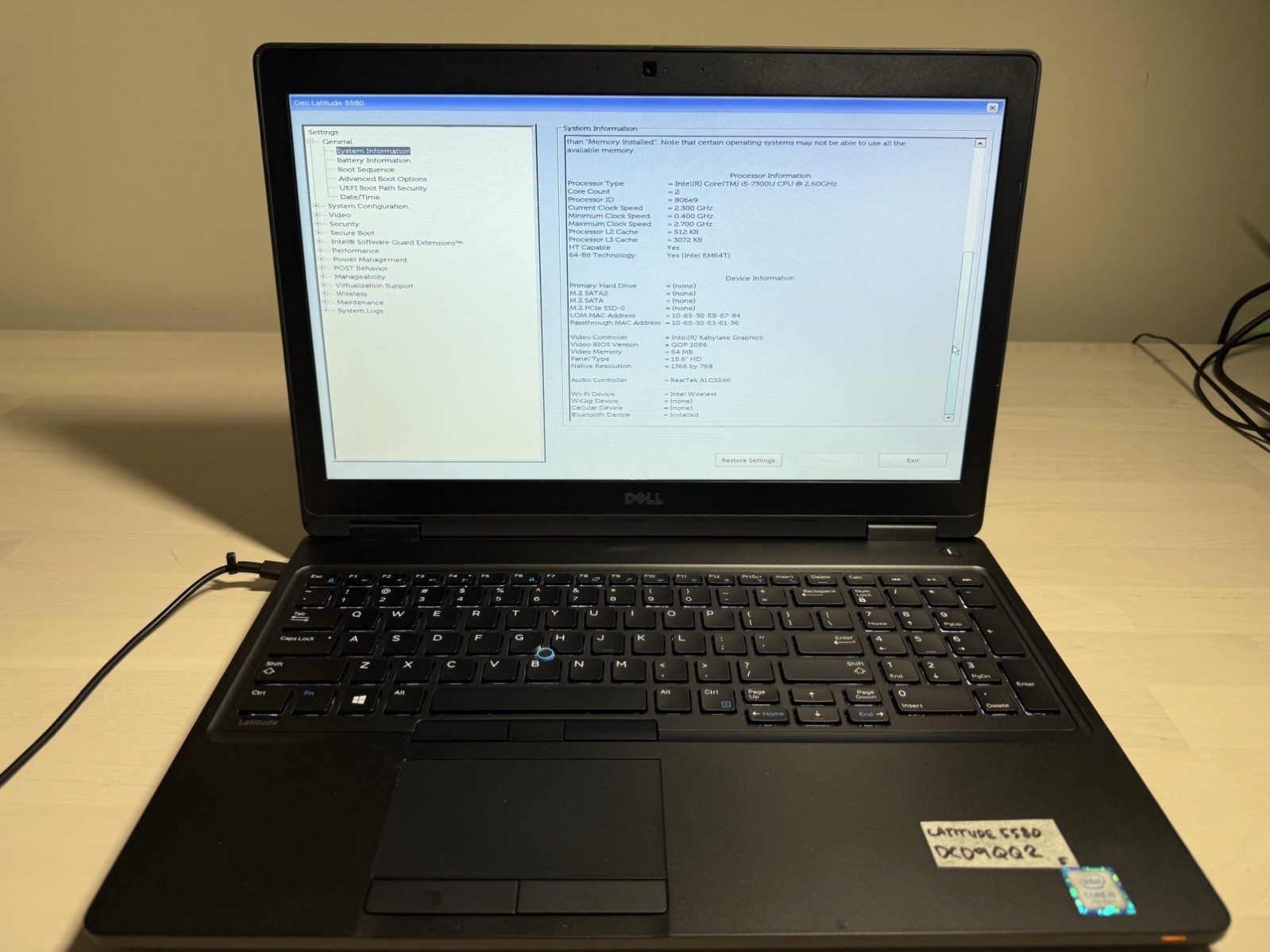 Dell Latitude 5580 Laptop Intel Core i5 7th Gen No HD/OS/AC Adapter- Bad Battery