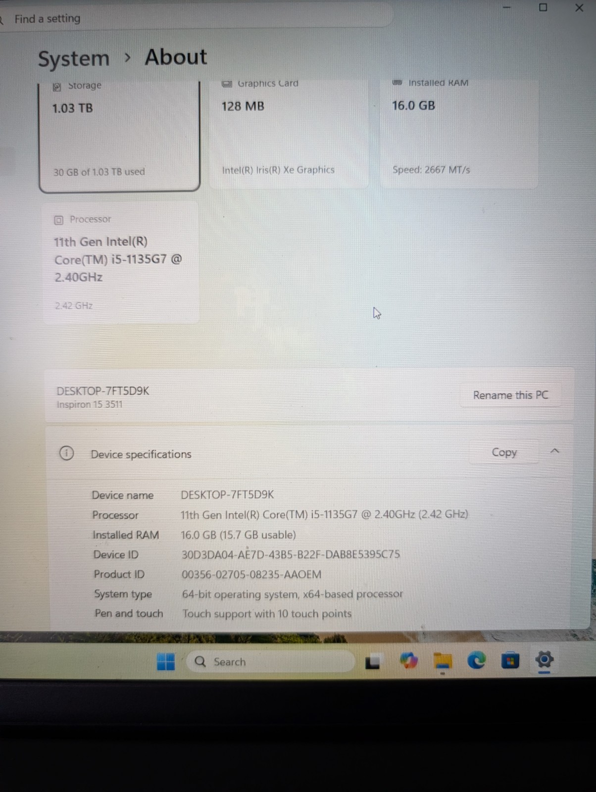 Dell Inspiron 15 3511 i5-1135G7 16GB RAM 1TB HDD Win 11 Home iRISx Touchscreen
