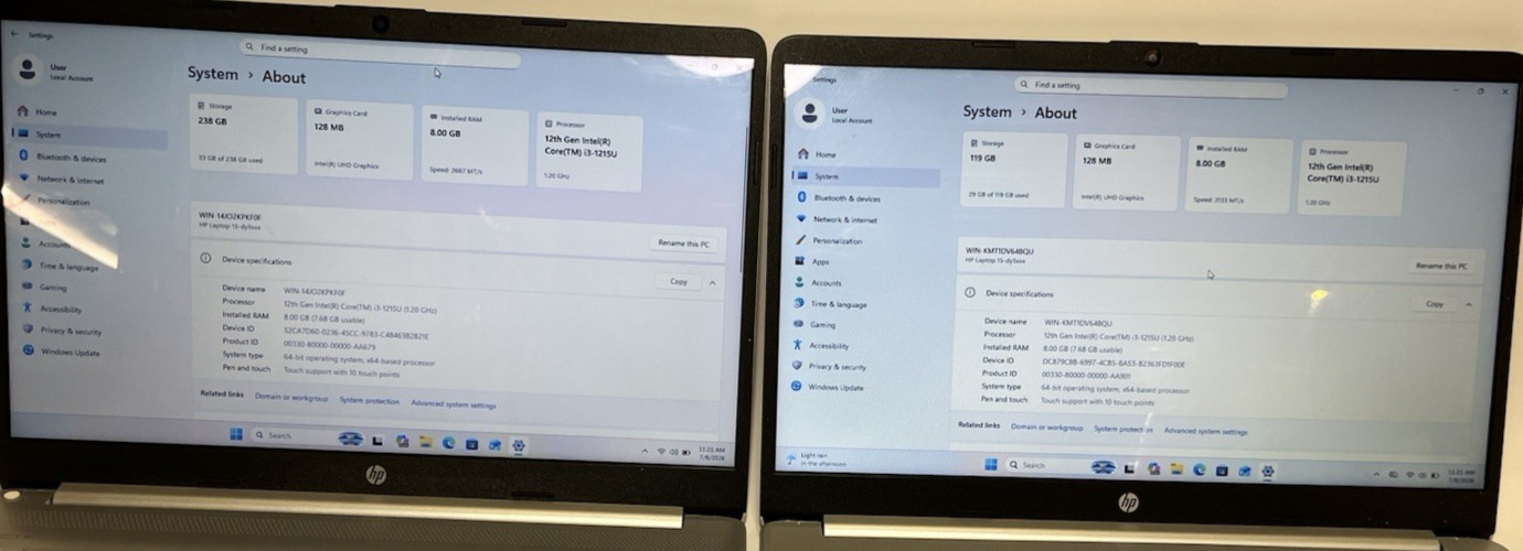 LOT OF 2 HP 15-dy5xxx Touch Laptop i3-1215U – 8GB RAM – 128GB & 256GB NVMe -W11P