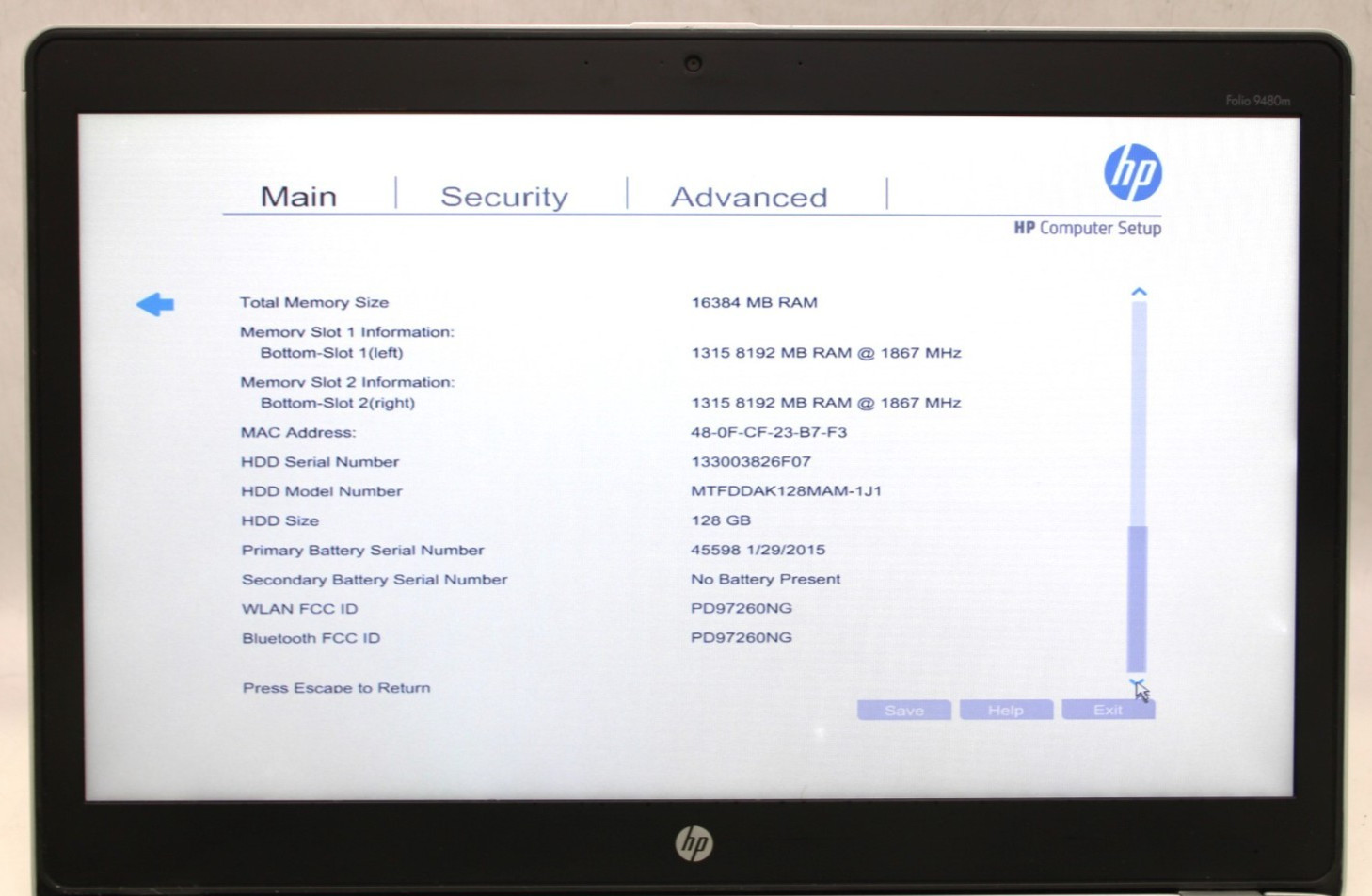HP EliteBook Folio 9480m-i5-4310U@2.0GHz-8GB DDR3-NO STORAGE OR OS*USED/TESTED*