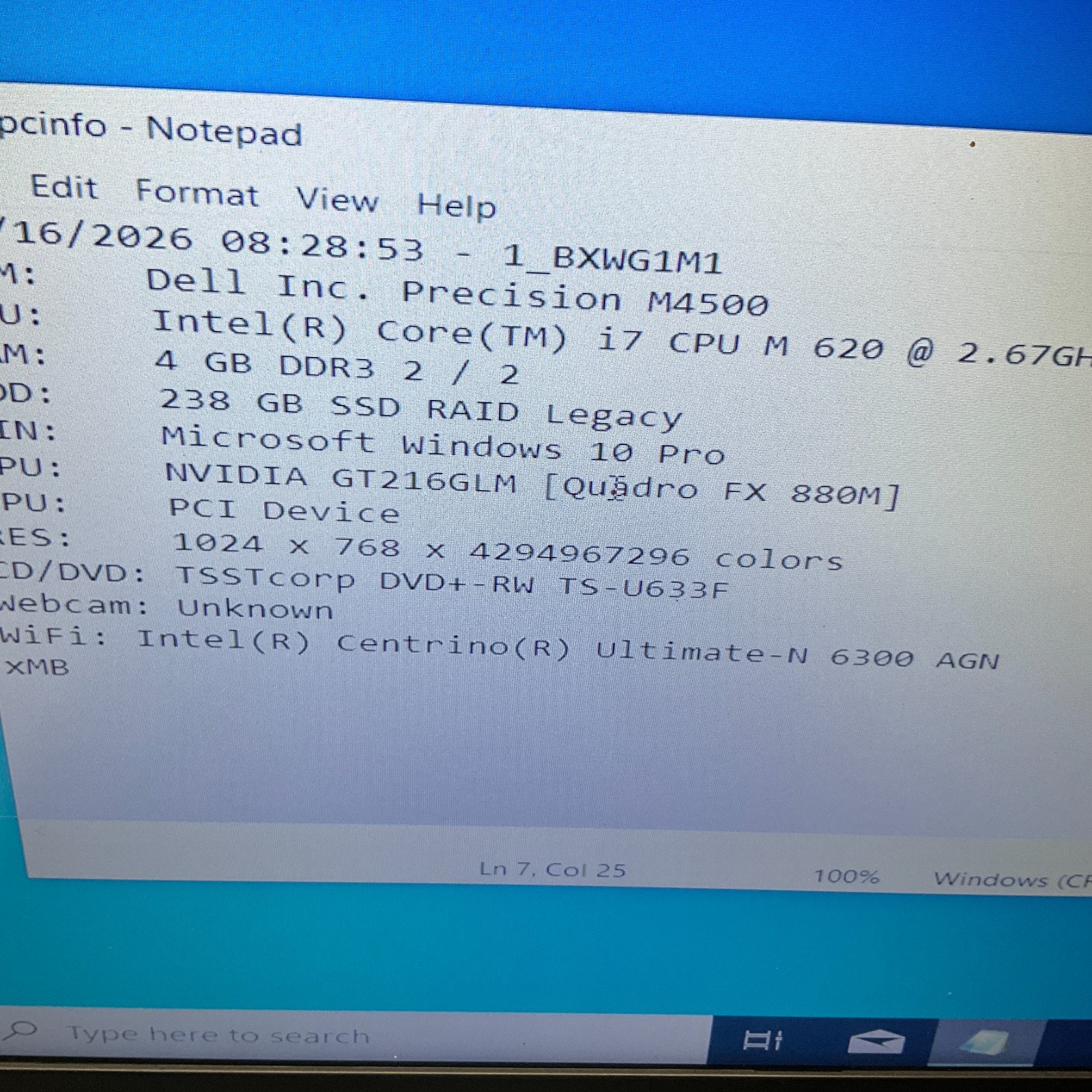 Dell Precision 4500 Laptop i7-620M 2.67GHz 4GB 250GB SSD Win 10 Pro NO BAT READ